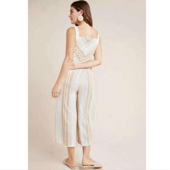 Anthropologie Savannah Striped Boho Tie Front Jumpsuit Cotton Linen Blend Size 4 - Picture 2 of 10